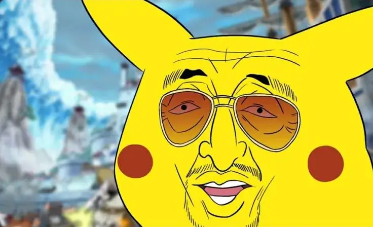Gương mặt Pikachu được ghép mắt kính cam và nét người lớn, tông vàng rực tạo cảm giác châm biếm rất mạng xã hội