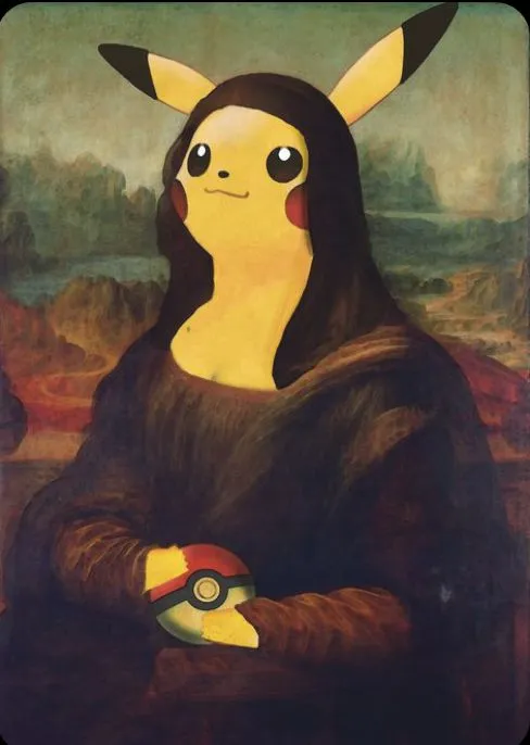 Pikachu hóa nàng Mona Lisa với thân đen vàng và quả cầu bửu bối trong tay, bối cảnh tranh cổ nhìn rất trái khoáy