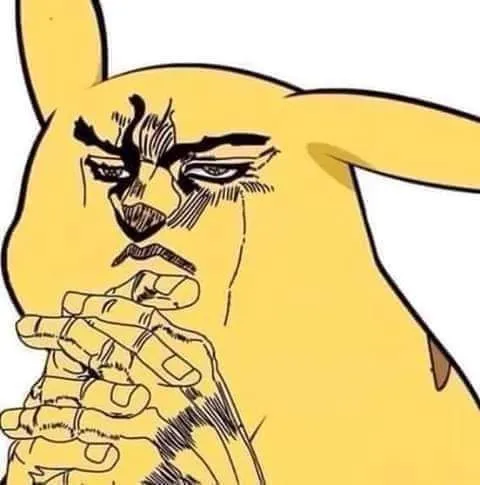 Pikachu mặt gân guốc chắp tay suy tính, nét vẽ mờ nhòe và đôi tai dài tạo vibe mưu mô đầy hài hước
