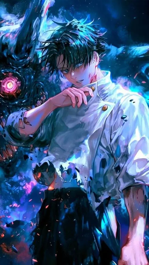 Thần thái kiên định của Yuta hiện rõ giữa làn sóng năng lượng hộ mệnh màu xanh thẳm, tạo nên một góc nhìn cuốn hút làm say đắm bất kỳ ai yêu thích hình chụp Yuta bản điện ảnh.