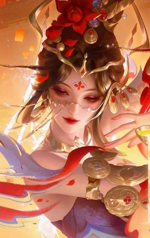 Ảnh phục trang Lauriel Liên Quân dạng cổ trang đỏ vàng cận mặt, vương miện hoa nổi bật và lớp lụa mỏng tạo nét trang nhã