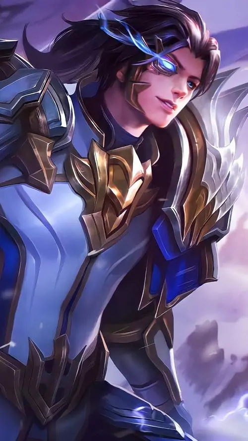 Ảnh Triệu Vân skin trong game Liên Quân khoác giáp tím bạc, gương mặt điềm tĩnh, tóc dài rủ nhẹ và ánh sáng lạnh phủ quanh vai