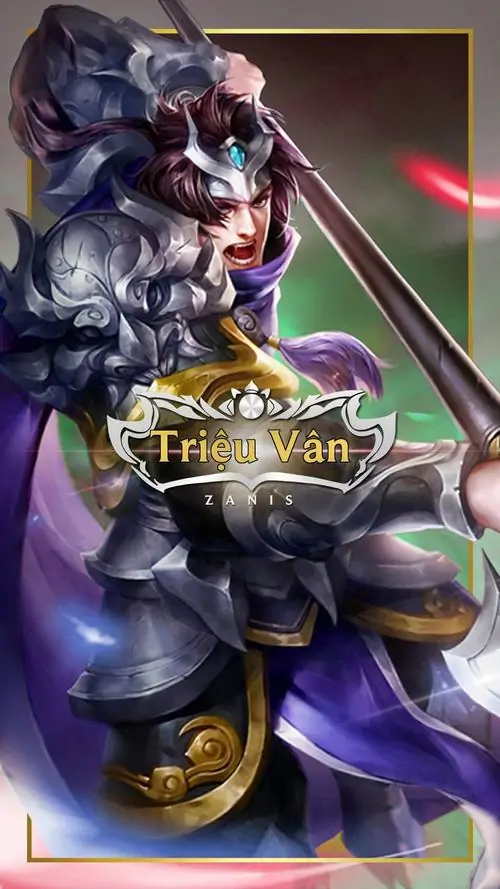 Triệu Vân trong giáp chiến binh cổ điển ngồi tựa người, mũ trụ sẫm màu, tay giữ vũ khí và nền đỏ tím tạo cảm giác căng thẳng
