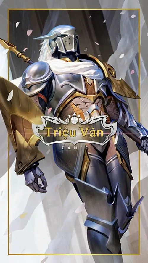 Hình nền điện thoại hình ảnh ngoại trang Triệu Vân với bộ giáp trắng vàng, dáng đứng thẳng trong sảnh chờ và ánh nền sang trọng phía sau