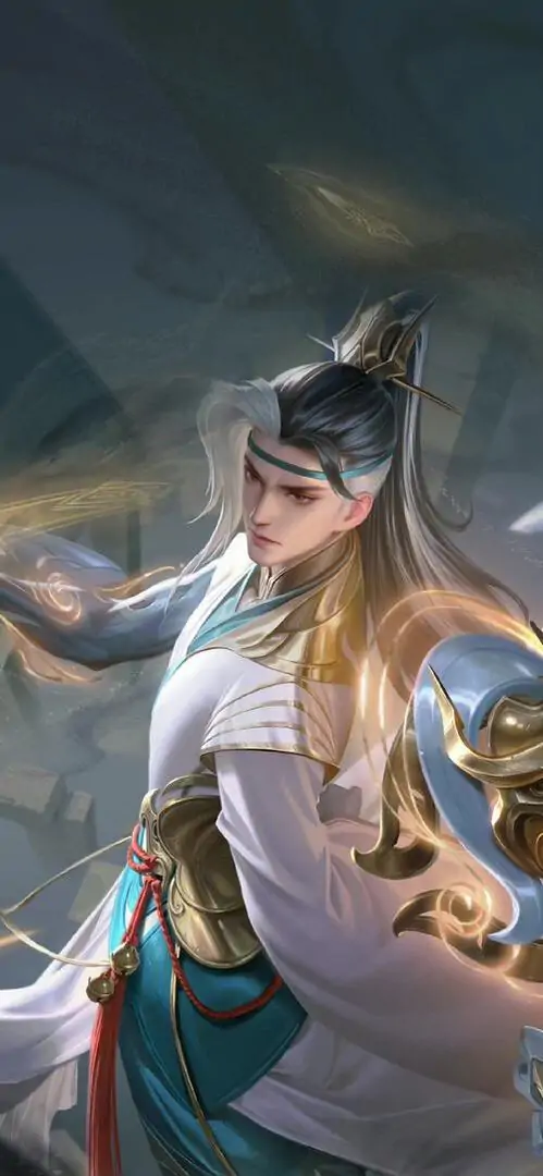Valhein Phi Công Trẻ mặc trang phục vàng tím, cúi người trên nền trời, kính và phụ kiện tạo cảm giác năng động