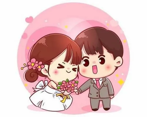 Ảnh cưới kỹ thuật số vẽ cô dâu váy xòe đứng cạnh chú rể vest xanh, đường nét phác thảo sạch và sáng