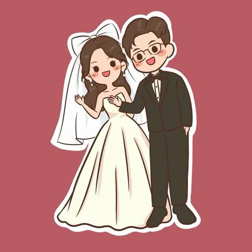 Tranh cô dâu chú rể mini in phong cách Procreate, màu pastel và chi tiết trang phục tối giản tạo vẻ nhẹ nhàng đáng lưu giữ
