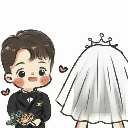 Chú rể ngồi cạnh cô dâu phủ voan dài, vương miện nhỏ và trái tim bay khiến tranh cưới hoạt hình thêm hồn nhiên