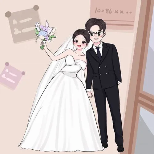 Cặp đôi đứng trong căn phòng hồng nhạt, cô dâu váy trắng kéo voan còn chú rể vest đen nhìn về phía trước