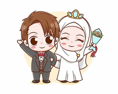 Cô dâu chú rể chibi đứng dưới phông nền lễ đường phủ hoa, ánh sáng vàng nhẹ làm váy cưới và vest nổi bật