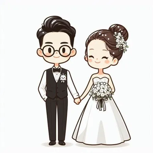 Bức minh họa cô dâu cầm hoa cưới đi cạnh chú rể, nét vẽ nét liền gọn gàng hợp với thiệp mời trẻ trung