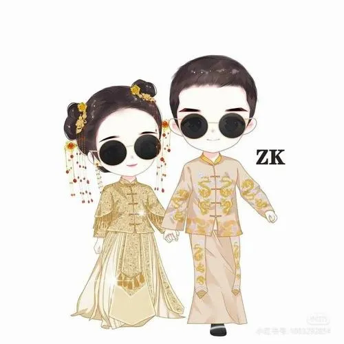 Hình vẽ cô dâu chú rể dưới mưa hoa giấy, bảng màu chủ đạo hồng trắng làm không khí đám cưới thêm vui tươi