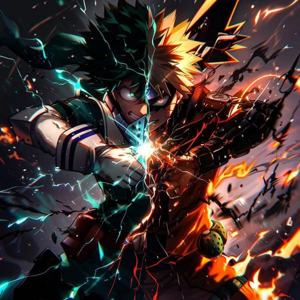 Shoto Todoroki đứng lệch khung hình với ánh băng lửa chia đôi nền, đối thủ tóc vàng phía xa tạo cảm giác so kè rất căng