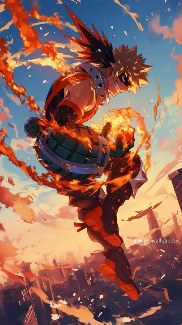 Hình ảnh Katsuki Bakugo xoay người giữa nền trời hoàng hôn, vệt nổ cam cuốn quanh cơ thể làm cú nhảy trông rất phóng khoáng
