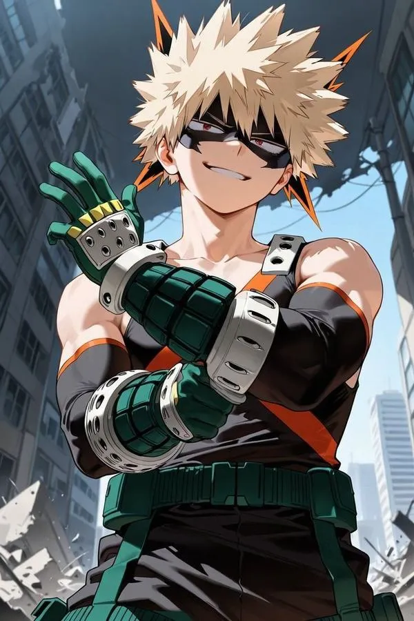Ánh chiều phủ lên gương mặt Bakugo Katsuki sau hội thao UA, vết bụi nhỏ trên má làm vẻ kiêu hãnh trông bớt xa cách