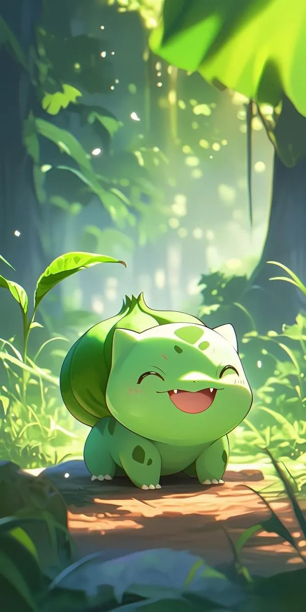Bulbasaur đứng giữa lùm cây nhiệt đới xanh mướt, đôi mắt tròn nhìn lên khiến bức ảnh có cảm giác hiền và gần gũi