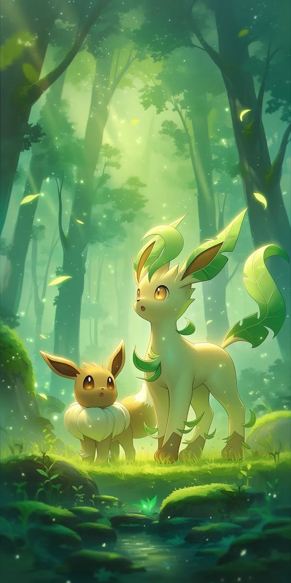 Eevee và Leafeon đứng trong rừng sáng tinh khôi, lớp sương vàng sau lưng làm dáng nhân vật hiện lên rất nhẹ mắt