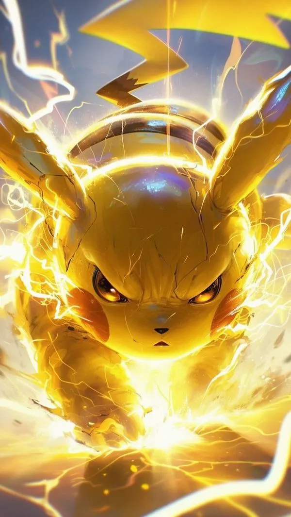 Pikachu cuộn mình trong vòng điện vàng chói sáng, tai nhọn và má đỏ nổi bật giữa hiệu ứng sấm sét dày đặc