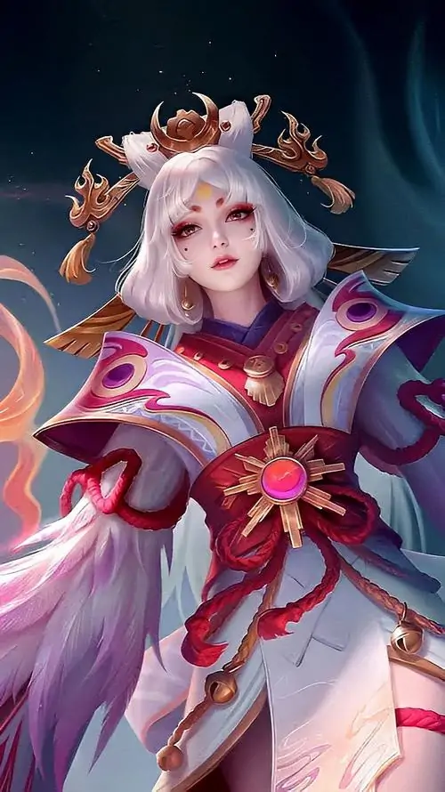 Alice Xứ Sở Thần Tiên đội sừng nhỏ trong áo kimono đỏ trắng, tóc trắng mềm và ánh mắt ngây thơ nổi bật trên nền tối