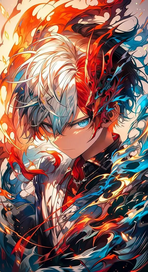 Bộ ghép chân dung Todoroki gồm nhiều khung fanart, biểu cảm thay đổi từ trầm tĩnh đến cau mày, nền đỏ trắng tạo nhịp thị giác rõ