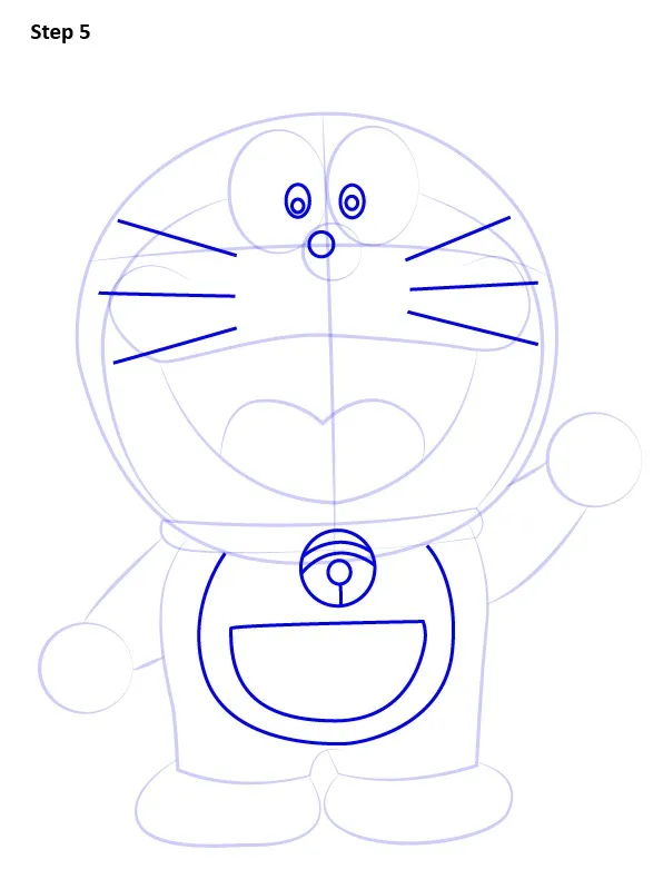 Vẽ râu mèo, chuông cổ và túi thần kỳ trước bụng cho Doraemon sinh động
