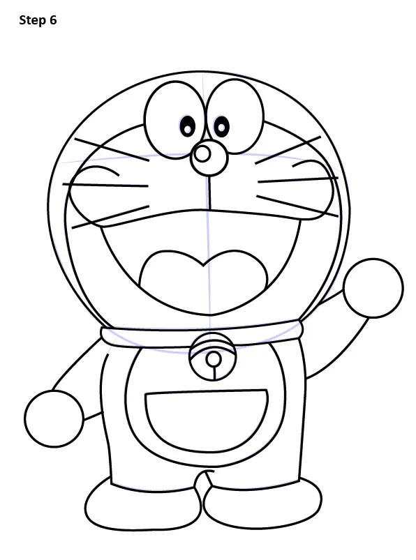 Đi nét mực đen hoàn thiện Doraemon với khuôn mặt, thân hình và chi tiết rõ ràng