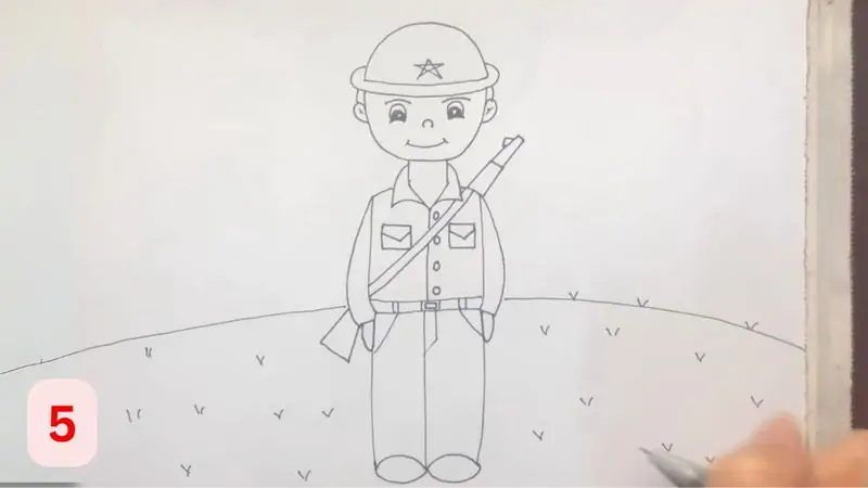Vẽ chú bộ đội đứng trên nền đất cong, có ba lô và chi tiết trang phục