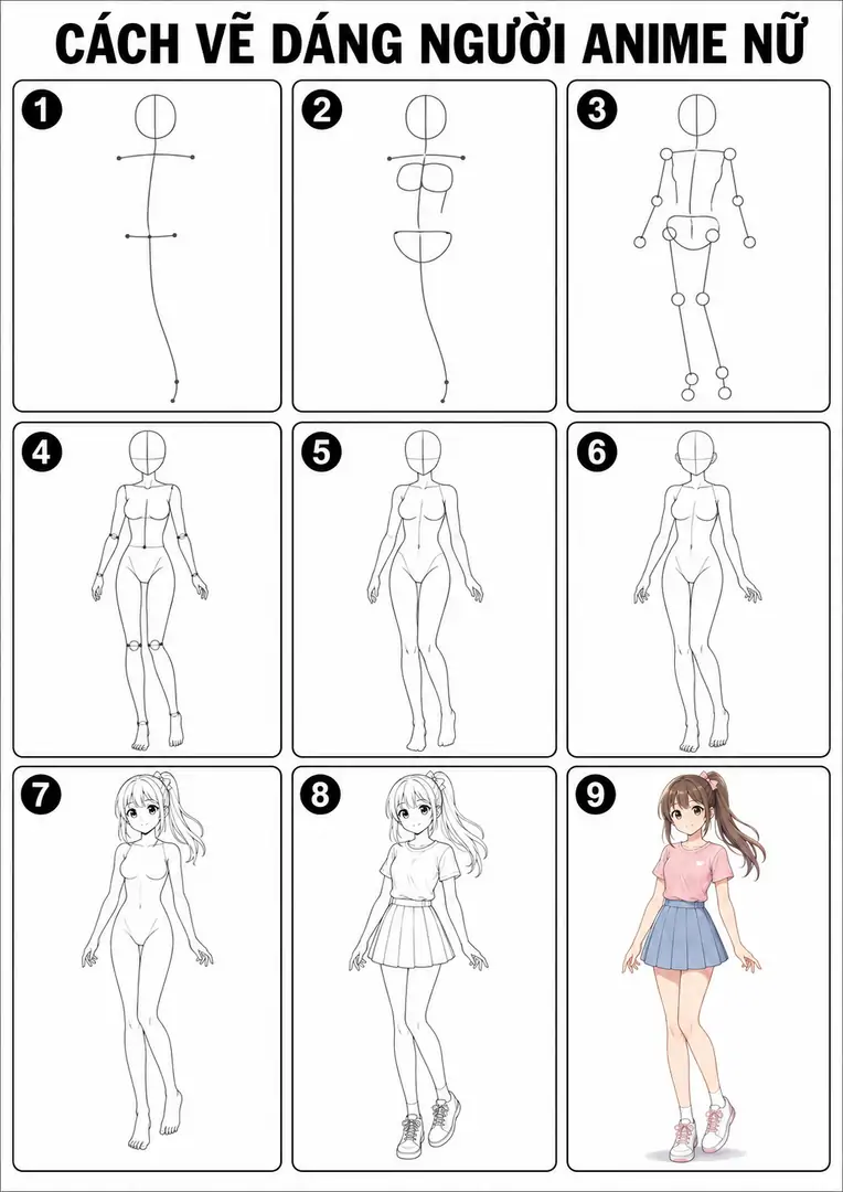 Cách vẽ dáng người anime nữ cute đơn giản từng bước cho người mới chưa biết dựng tỷ lệ