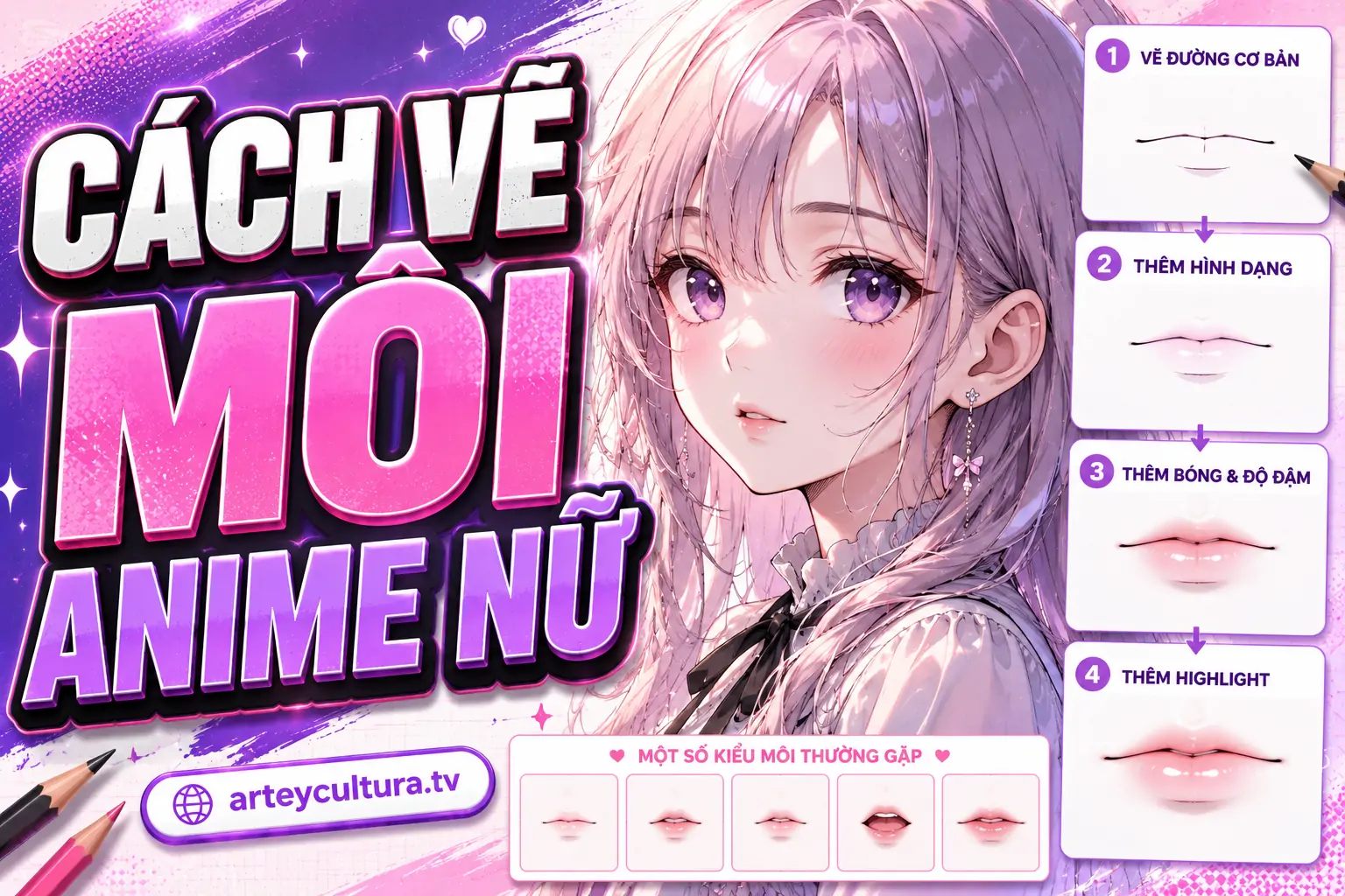 2 Cách Vẽ Môi Anime Nữ Đẹp với tạo hình phác thảo đôi môi nhỏ nhắn, thanh thoát và có chiều sâu