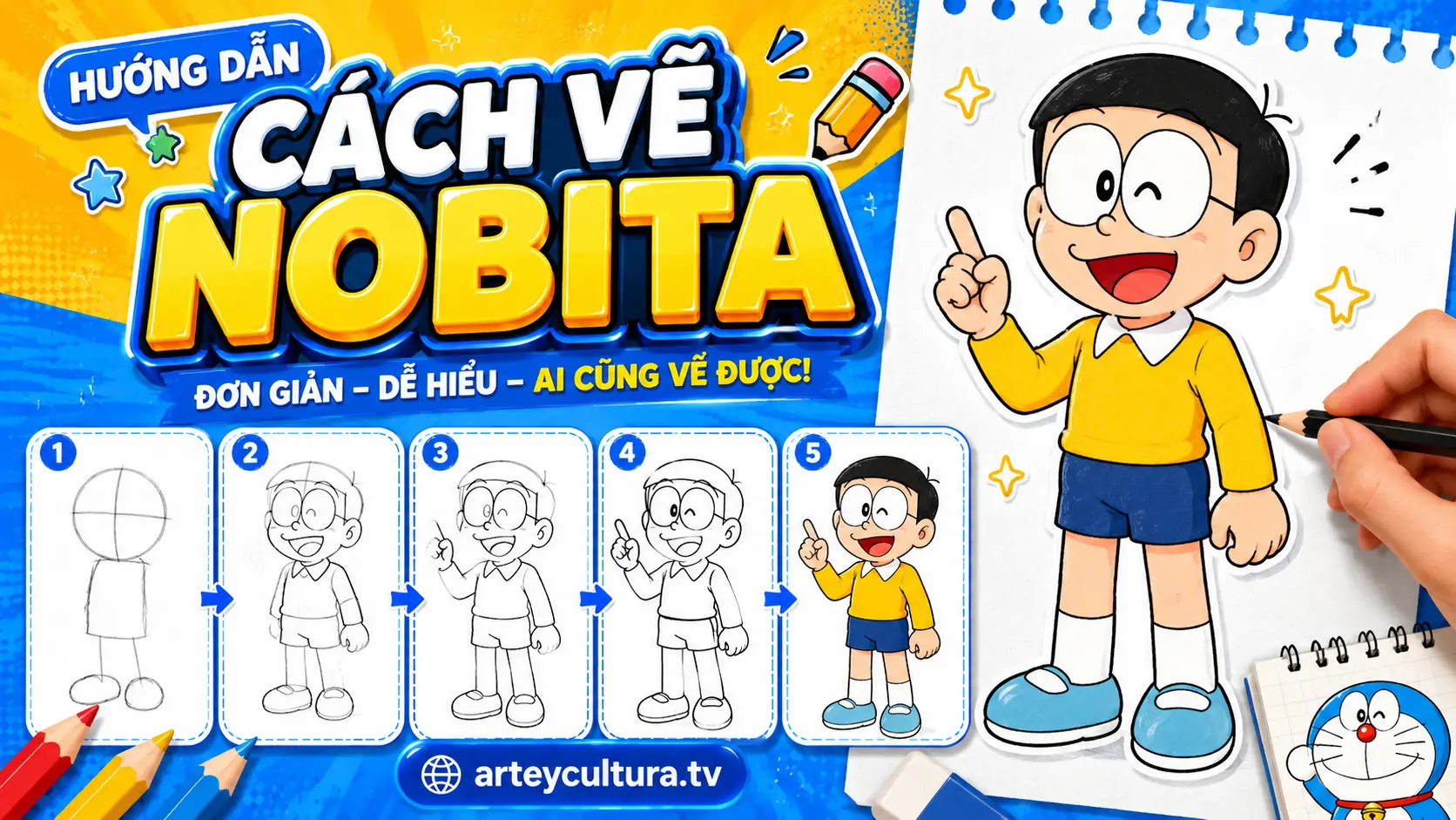 Cách Vẽ Nobita Đơn Giản với 9 bước từ khung tròn, kính cận, áo vàng và quần xanh đến hoàn thiện màu sắc