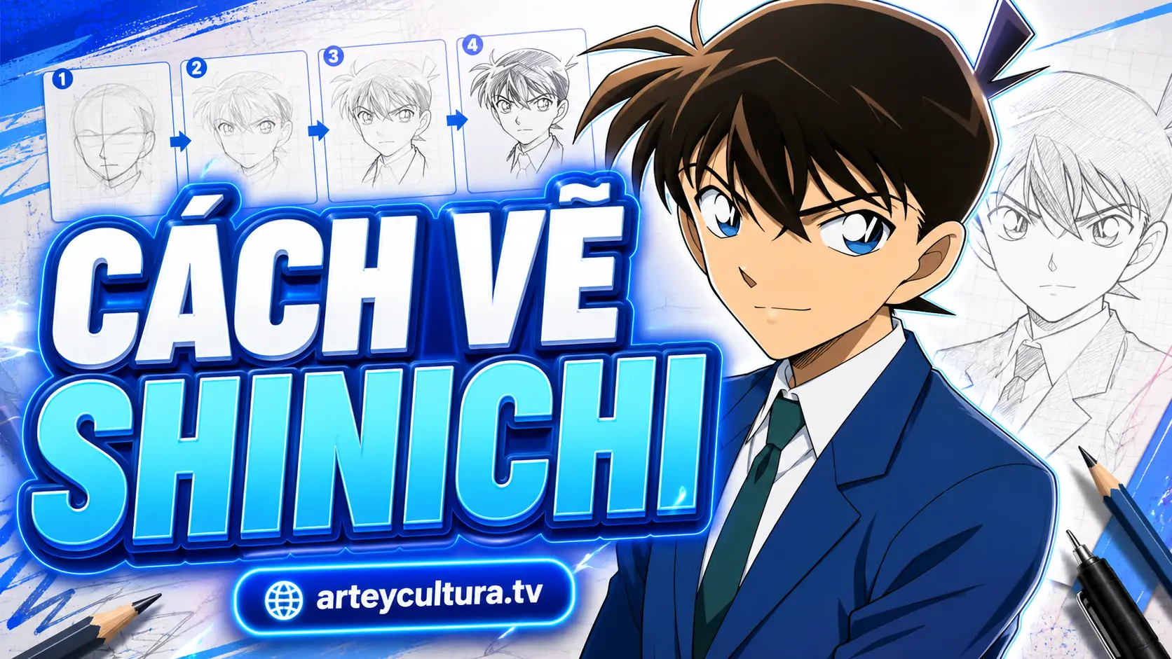 Hướng dẫn 10 Bước Vẽ Shinichi Đơn Giản chuẩn anime kết hợp mái tóc nhọn và đồng phục chi tiết