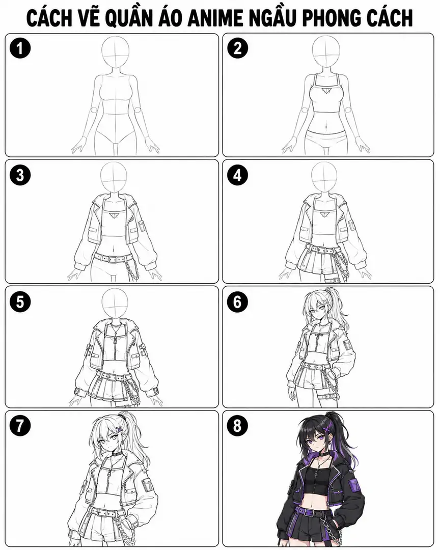 Cách vẽ trang phục anime ngầu cá tính nhanh gọn với nếp gấp lớn, phom dáng rõ