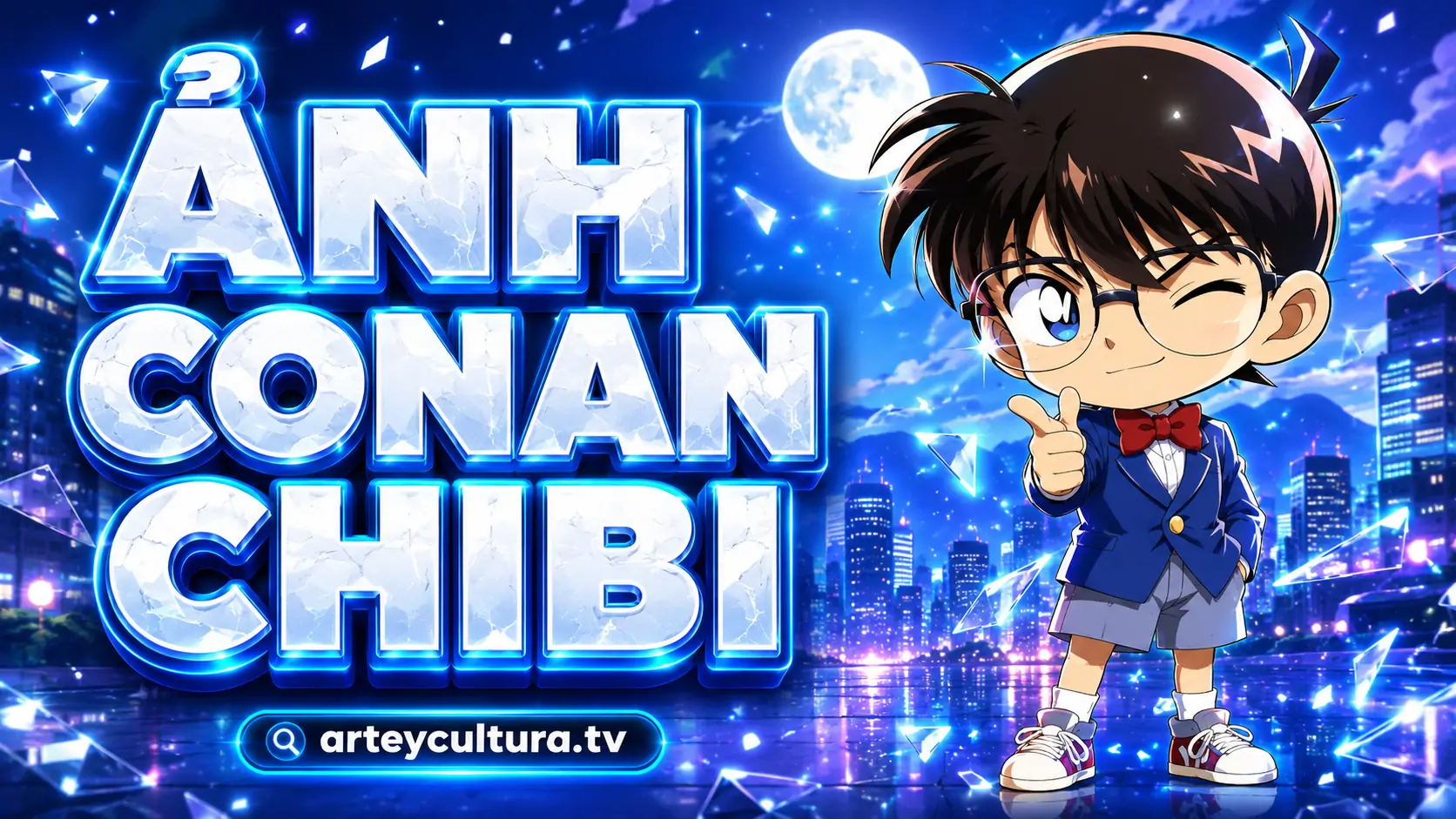 61 Hình Ảnh Conan Chibi cute với nét vẽ kỹ thuật số tươi sáng vest xanh quần đùi và đôi giày tăng lực