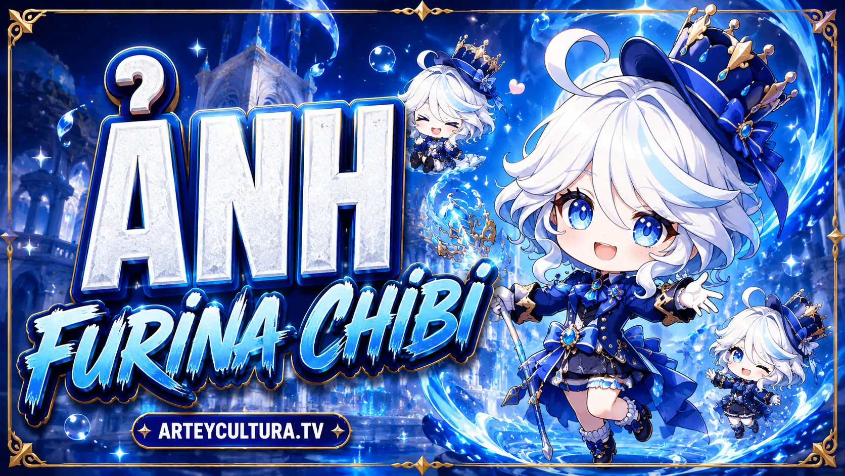 60 Hình Ảnh Furina chibi dễ thương với mái tóc trắng xanh, mắt long lanh và phong thái quý tộc mini