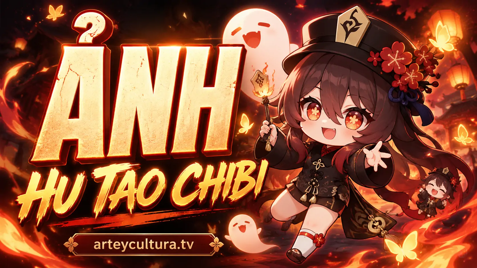 85 Hình Ảnh Hu Tao Chibi Cute trong trang phục cổ phong ma trắng và Vision Hỏa nổi bật