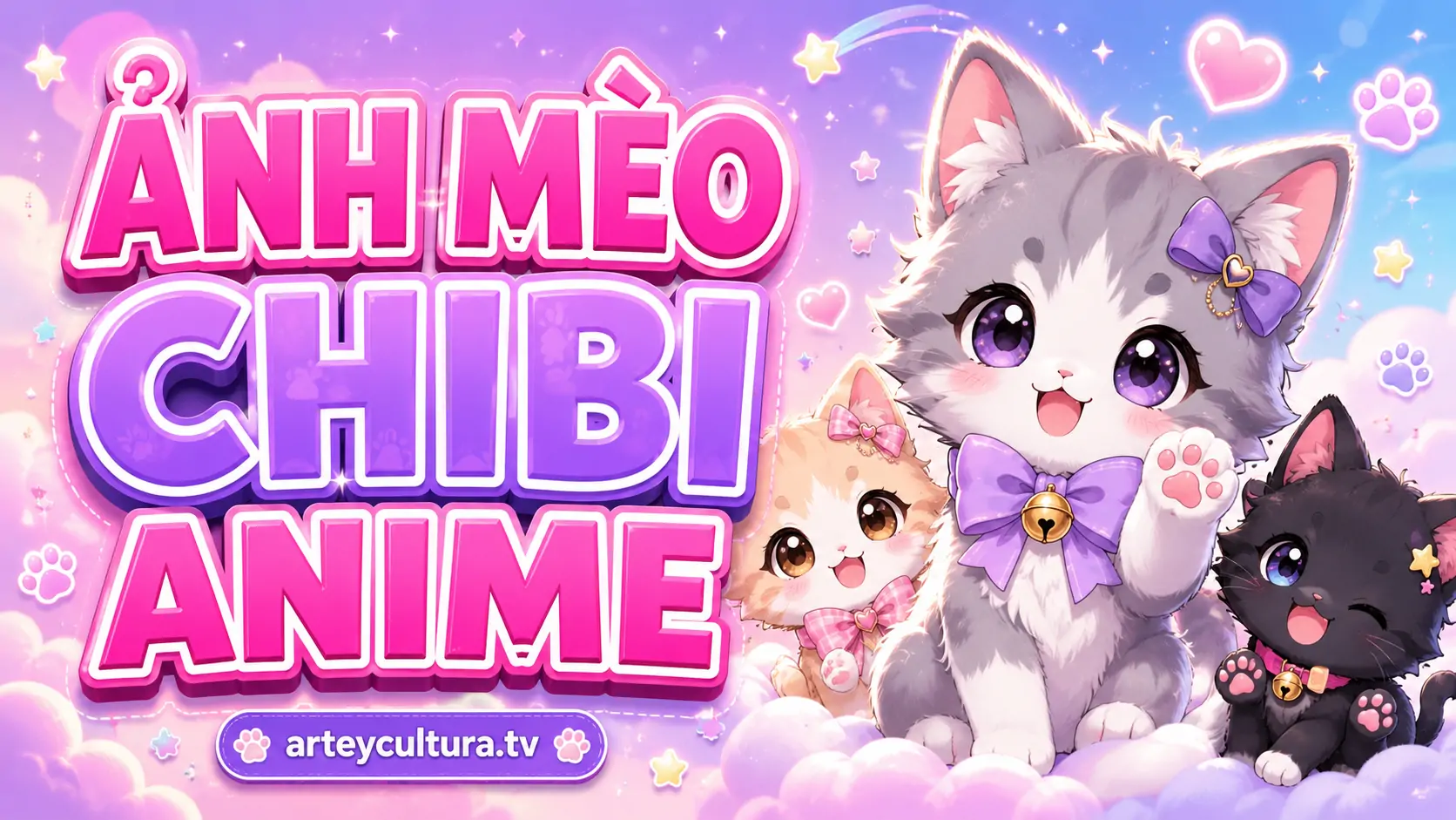 125 Hình Ảnh Mèo Cute Chibi Anime Cute với nét vẽ mềm, đuôi cuộn và chiếc chuông vàng bố cục cực xinh