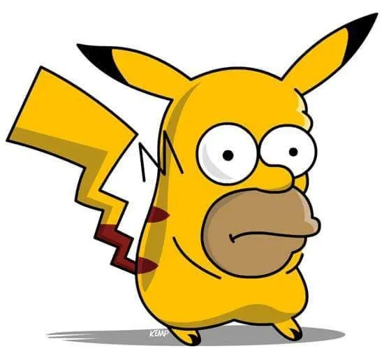 Pikachu được ghép mặt Homer Simpson, mắt trợn và miệng chu ra tạo cú pha trộn văn hóa đại chúng rất khó nhịn cười