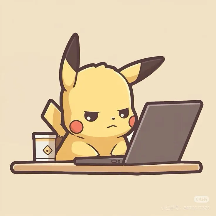Pikachu ngồi trước máy tính với ly nước bên cạnh, vẻ mặt cáu nhẹ như đang làm việc quá giờ trong văn hóa Internet