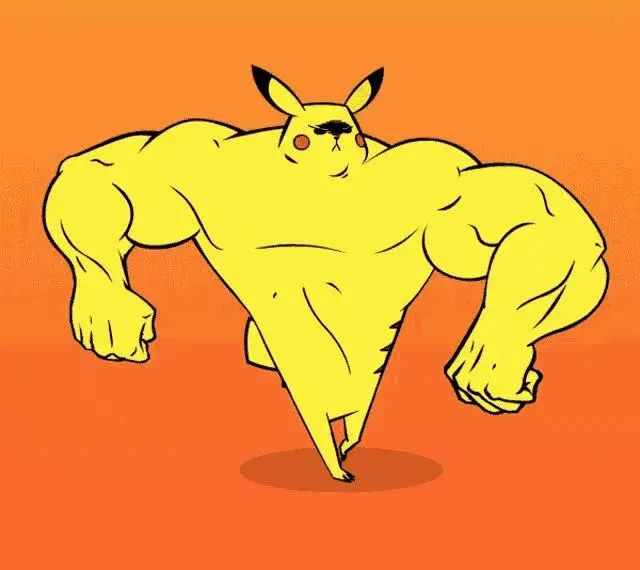 Pikachu cơ bắp đứng giữa nền cam, thân vàng phồng to và gương mặt gắt tạo hình quái thú bỏ túi đầy lố bịch