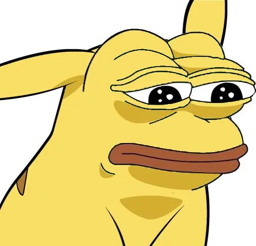 Pikachu mặt ếch với mí mắt cụp xuống, biểu cảm chán đời pha chất troll làm hình hài hước Pikachu thêm mặn