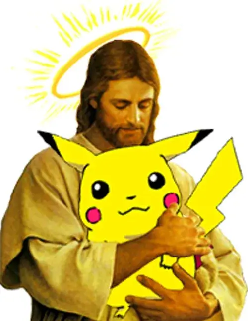 Hình Chúa ôm Pikachu trước nền sáng vàng, chú chuột điện nhỏ xíu nằm gọn trong tay tạo cảnh ghép khá lạ mắt