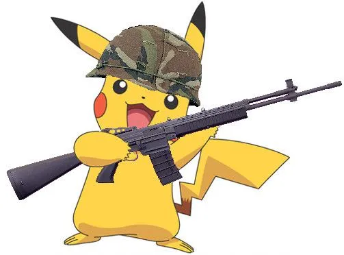 Hình chế Pikachu cầm súng trên nền trắng, tai đen vểnh cao và dáng đứng nghiêng tạo cảm giác hành động kiểu hoạt hình