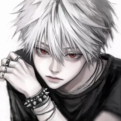 Chàng trai tóc trắng mắt đỏ chống tay gần mặt, phụ kiện vòng tay và nền trắng xám khiến ánh nhìn càng sắc hơn