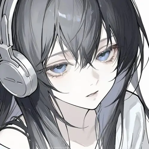 Cô gái anime tóc xám đeo tai nghe, mắt xanh nhìn nghiêng và áo trắng đơn giản tạo hình profile sạch hợp nữ mê âm nhạc