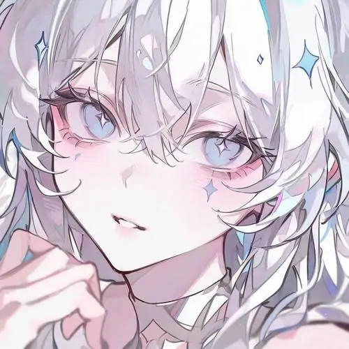 Cô gái anime tóc trắng mắt hồng nhìn sát khung hình, ánh sáng trắng xanh và nét vẽ mềm hợp nữ thích ảnh đại diện thời thượng