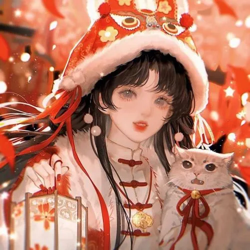 Thiếu nữ áo đỏ đứng dưới đèn lồng, bên cạnh chú mèo nhỏ, ánh cam phủ lên tóc đen và gương mặt mơ màng rất ấm
