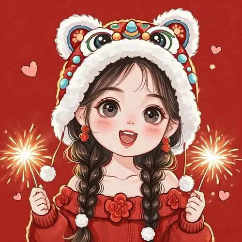 Ảnh avatar bé gái đội mũ lân trắng, hai bím tóc dài buộc nơ đỏ, nhìn thẳng và cười tươi trên nền pháo hoa rực