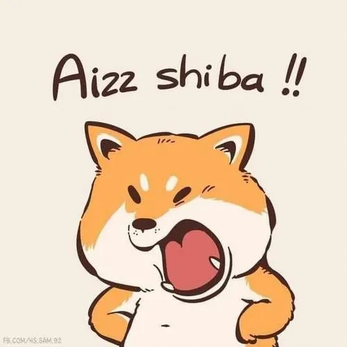 Chú chó Shiba màu cam há miệng kêu Aizz shiba, dáng ngồi tròn ủm và nền giấy nhạt khiến ảnh trông rất nhây