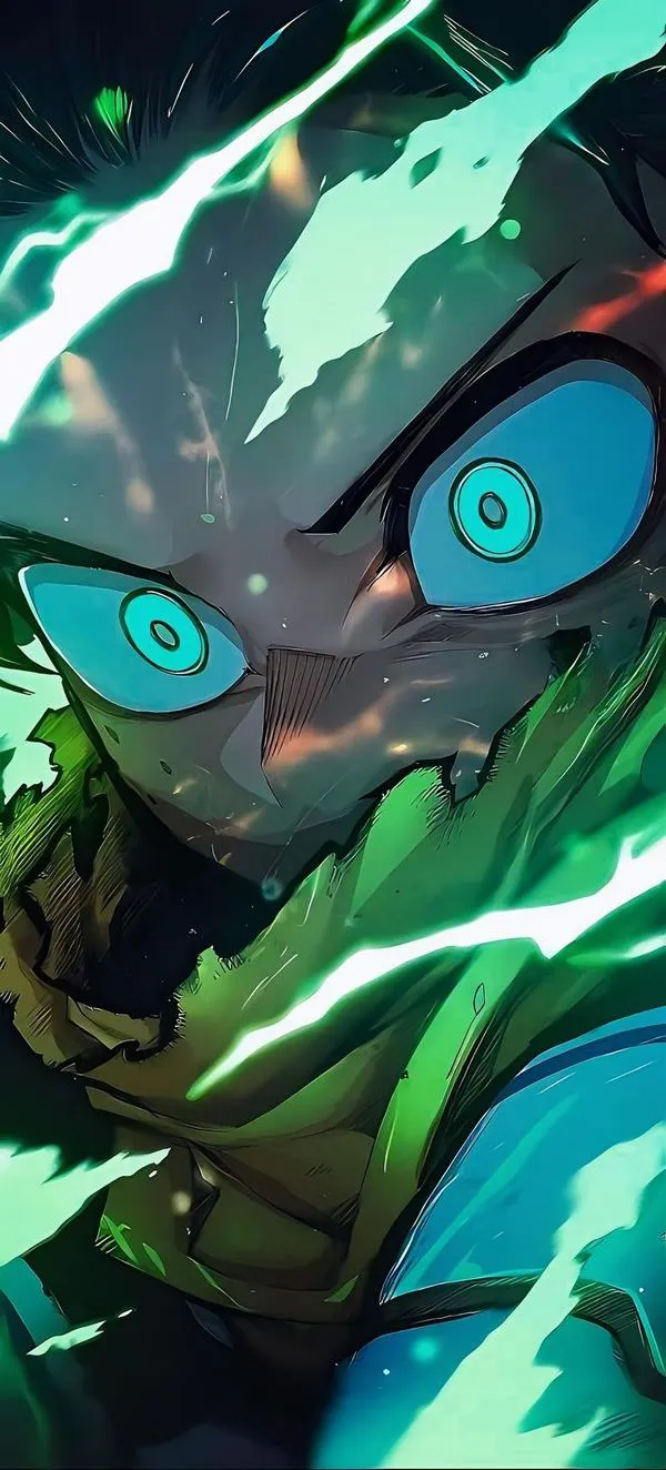 Deku cận mặt trong ánh xanh sâu, đôi mắt mở to giữa các vệt sáng tạo hình đại diện anime anh hùng ám ảnh