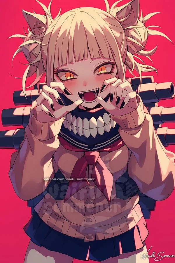 Toga cười tinh nghịch trên nền hồng đỏ, hai bím tóc và bàn tay đưa lên tạo ảnh chân dung quái lạ